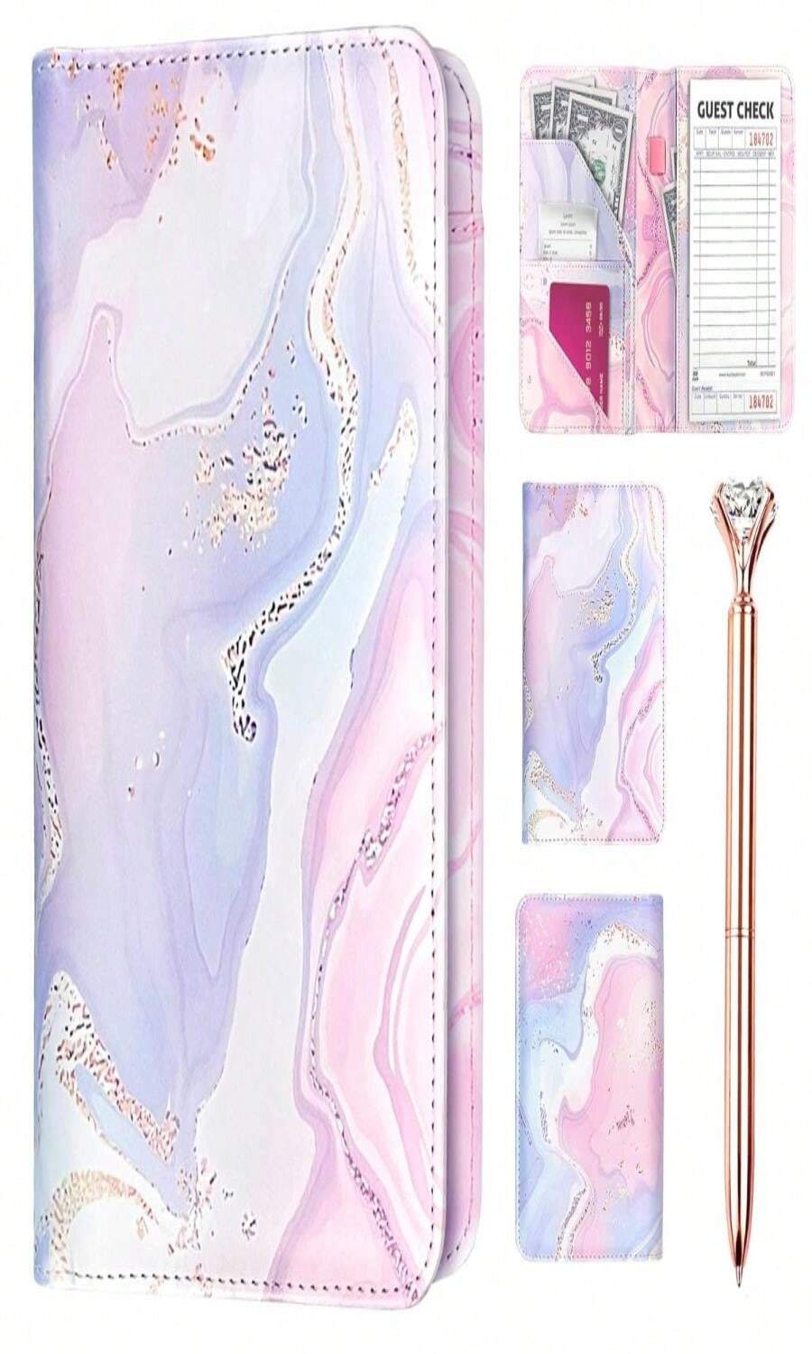 9 Pocket Server Book W_Diamond Pen, Waitress Book W_Money Pocket, Waitress Book, Server Books For Waitress, Server Books, Waitress Book Organizer, Server Book Cute, Servers Book(Pink_LightblueGold) - MàuA - Xem 1