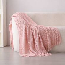 1pc Solid Color Bed Blanket, American Style Fringe Acrylic Rectangular Knitted Blanket For Office Nap, Sofa, Home Decor - Pink - View 10