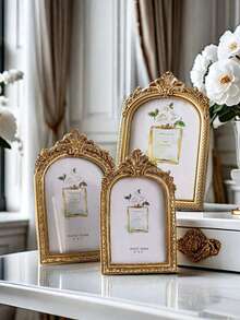 European Style Gold Arched Wedding Photo Holder, Vintage Romantic Display, Elegant Keepsake Gift, Luxury Tabletop Home Deco