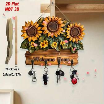 2D 平面向日葵乡村风格木质墙钩 - 带有“欢迎回家”标语，暖黄色仿木，多功能钥匙扣，适合入口、厨房，向日葵爱好者节日装饰礼物
