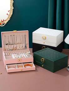 三层大容量珠宝收纳盒，便携式珠宝收纳盒，梳妆台带抽屉珠宝收纳盒，礼品皮革珠宝盒，精美展示包装收纳容器返校