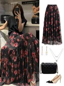 Women's Fashion Printed A-Line Skirt, Versatile & Flattering, Loose & Elegant - Black Powder - View 1