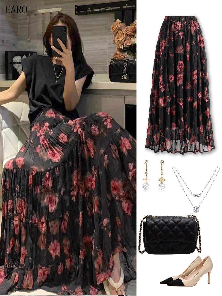 Women's Fashion Printed A-Line Skirt, Versatile & Flattering, Loose & Elegant - Black Powder - View 1