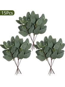 MEHELANY 50 片混合绿桉树叶茎，假植物房间装饰，散装人造桉树叶，喷雾仿椭圆形桉树叶，带白色种子茎，适合春夏季节，DIY 花环，婚礼花束装饰，婚礼布置，伴娘手花装饰，绿叶装饰