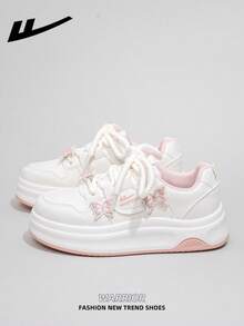 1 Pair WARRIOR Women's Thick Sole Lace-Up Soft Bottom Casual Shoes, Low-Top Outdoor Flat Shoes, Round Toe Low Heel Solid Color Elegant Soft Bottom Hiking Shoes, Suitable For Students, Graduation Photos, Flat Shoes, Low-Top Leather Sports Skateboard Shoes