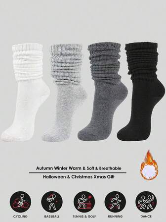4 Pairs Women's Fall Autumn Winter Slouch Knit Socks, Slouchy Socks, Women's Scrunch Socks, Women's Scrunchie Socks, Crew Socks Soft, Comfortable, Warm & Breathable, Fashionable Black, White, Dark, And Light Gray Series Perfect Gifts For Hiking, Back To School, Halloween & Christmas Xmas Gift