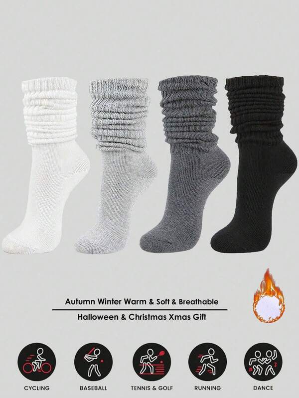 4 Pairs Women's Fall Autumn Winter Slouch Knit Socks, Slouchy Socks, Women's Scrunch Socks, Women's Scrunchie Socks, Crew Socks Soft, Comfortable, Warm & Breathable, Fashionable Black, White, Dark, And Light Gray Series Perfect Gifts For Hiking, Back To School, Halloween & Christmas Xmas Gift