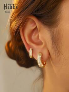 Hihho 4 件/套锆石镶嵌女士耳环，闪亮优雅 18K 镀金经典环状耳环套装 - 金黃色 - 查看 7