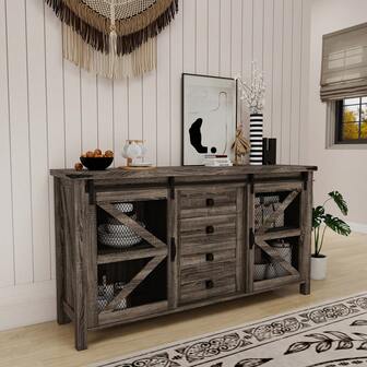 Wooden Side Cabinet Sideboard With Doors Cutlery Storage Cabinet With Drawers Wood TV Cabinet Vintage Iron Mesh Door Cabinet Coffee Bar Cabinet For Kitchen Living Room Bedroom Grey