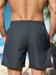 Men's Solid Color Drawstring Waist Casual Pocket Beach Shorts - Dark Grey - View 2