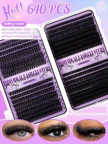 640 件 DIY 睫毛延长套装 - 混合长度 10-16 毫米，包括 10D、20D、30D 和 40D、50D、60D、80D、100D 簇，猫眼、角色扮演、俄罗斯卷、自然、浓密和戏剧风格，包括粘合剂和密封胶、镊子，适合初学者，0.07 毫米厚度，D 卷曲，适合家庭使用。睫毛簇套装，睫毛，睫毛，假睫毛 - 紫色 - 查看 3