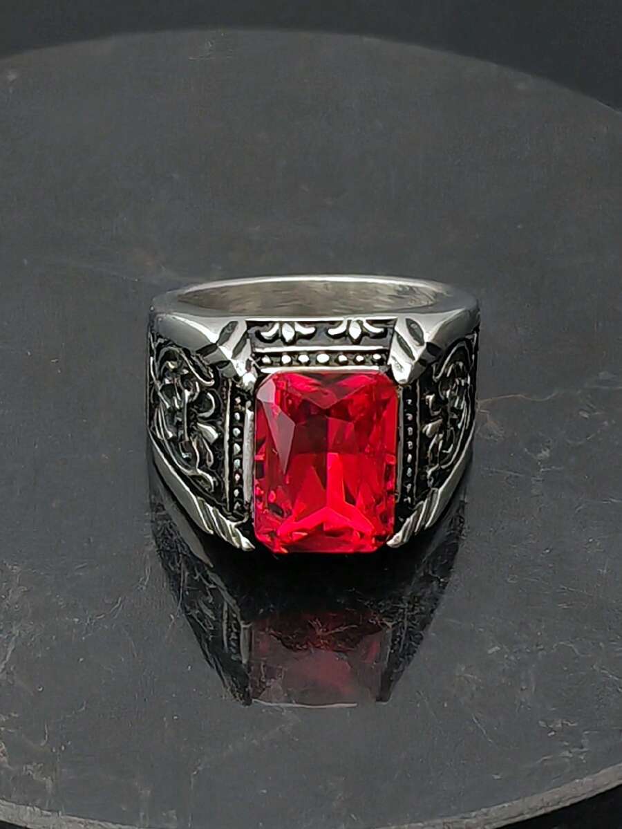1枚欧美流行手工高品质男士316不锈钢红石戒指 - 紅色 - 查看 1