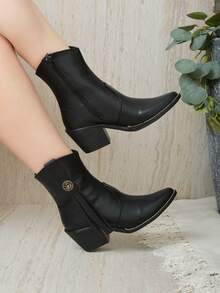 Botín western mujer, botín con cierre interno, botín puntal tacón grueso, botín casual elegante, botín estilo vaquero, botín otoño invierno, calzado versátil femenino. - Negro - Ver 3