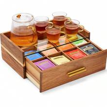 Acacia Wood Tea Bag Organizer, Tea Box With Storage Drawer, 8 Compartments Tea Organizer Tea Bags With Glass Window, Coffee Pods And Tea Organizer Holder Countertop, Tea Station Chest Display2025 - Clear-2 - View 8