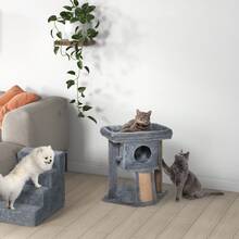 PawHut Cat Tree Tower Indoor With Cats Scratching Post Cat House, Grey - Grey - View 9