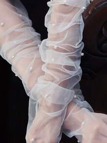 1 Pair Handmade Pearl & Rhinestone Mesh Bridal Gloves, Long Sleeve Wedding Party Dress Accessories Fall Clothes For Women