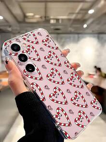 1pc Christmas Candy Cane & Heart Design Soft Phone Case, Compatible With IPhone, Honor, Redmi, Galaxy,