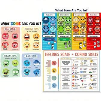 3 piezas Póster sin marco "¿En qué zona estás?" Escala de sentimientos y habilidades de afrontamiento de regulación, póster de sentimientos, cuadro de sentimientos para póster de emociones, productos sensoriales para autismo de 8*10 pulgadas