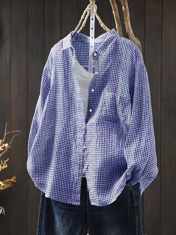 Camisa holgada de manga larga con botones delanteros a cuadros para mujer de talla grande