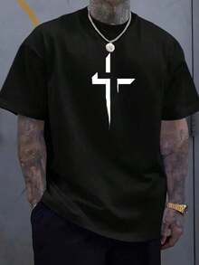 Camiseta de manga corta de cuello redondo para hombre con estampado minimalista de cruz, uso diario casual - Negro - Ver 5