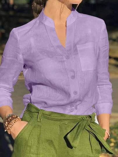 Camisa de mujer de unicolor con cuello en V y botones - Blusa casual y elegante de manga larga con detalle de bolsillo, adecuada para vacaciones, viajes y uso diario, artículo esencial para primavera, verano, otoño e invierno