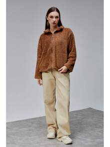 Women's Solid Color Drop Shoulder Long Sleeve Zip-Up Jacket, Autumn/Winter - Brown - View 4
