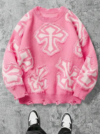 1pc Tween Boys Unisex Casual Loose Fit Crew Neck Cross Pattern Knitted Sweater, Streetwear Style, Suitable For Spring, Autumn And Winter