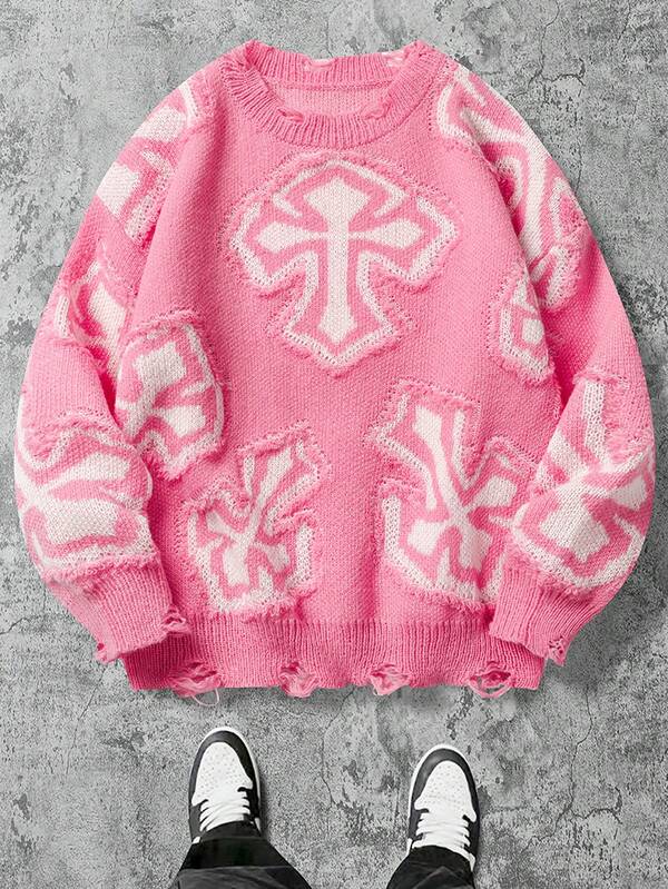 1pc Tween Boys Unisex Casual Loose Fit Crew Neck Cross Pattern Knitted Sweater, Streetwear Style, Suitable For Spring, Autumn And Winter