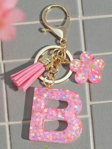 1pc Pink Sequin Letter Keychain Resin Pendant Keyring With Flower Tassel Decoration, Suitable For Women, Friends, Classmates As A Decoration, Fashionable And Creative Design Birthday Accessory, Bag Charm, Women's Fashion Jewelry, Metal Keychain, Creative Christmas Gift Ideas Bag Charms Car Accessories Teacher Sister - Pink - View 11