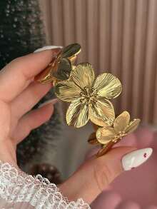 1pc European & American Style Gold-Plated Flower Shaped Bracelet, Combining Eastern Rose Element And Western Fashion To Create An Exotic Vibe, Suitable For Parties, Gifts, Daily Wear, Stunning Appearance - 金黃色 - 查看 7