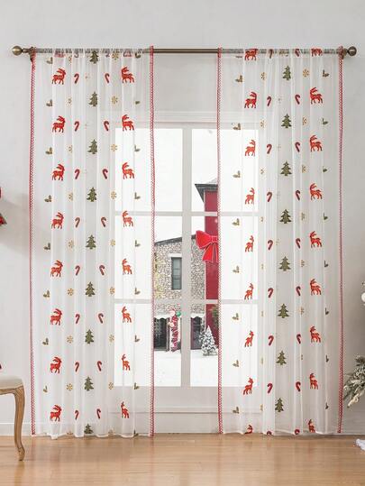 1pc/2pcs Christmas Sheer Curtain, Deer Pattern Design Delicate Embroidery Sheer Curtain, Semi-Transparent Home Window Decor, Room Decoration, Christmas Holiday Decor