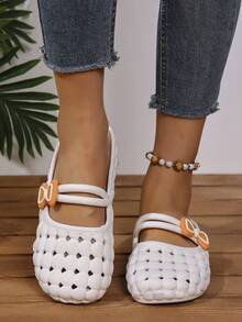 Nuevas sandalias de verano de unicolor y huecas, pantuflas de punta abierta, sandalias casuales y lindas con lazo antideslizante para mujeres, adecuadas para el hogar y el exterior, con suela blanda y cómoda, pantuflas, zapatos transpirables para mujeres. - Blanco - Ver 2