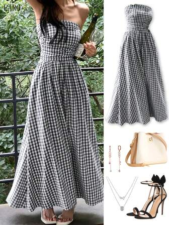 Women's Long Plaid Tube Dress, Sweet & Slimming Elegant Style