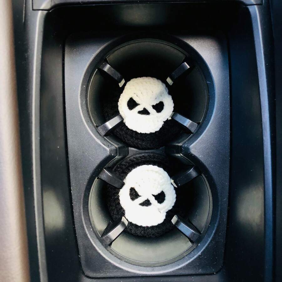 onEternal 2pcs Halloween Skeleton Handmade Crochet Cup Mats, Car Interior Decor