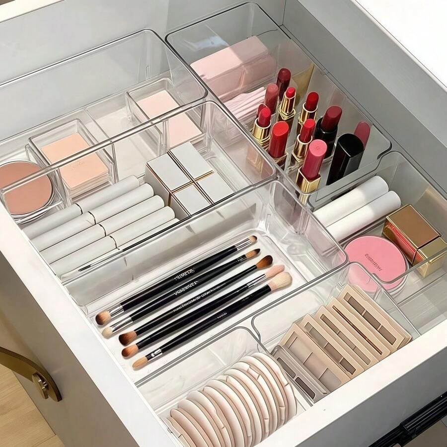 6/7 piezas Cajas organizadoras de cajón de acrílico, cajas de almacenamiento de maquillaje divididas, adecuadas para el desorden del escritorio, suministros de oficina, organización de cosméticos en cajones
