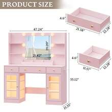 Vanity Desk With Mirror And Lights, Makeup Vanity Set With 3 Storage Drawers & Adjustable Shelves, Dressing Table With Glass Cabinets & Charging Station, 3 Lighting Modes For Bedroom - Pink - View 8