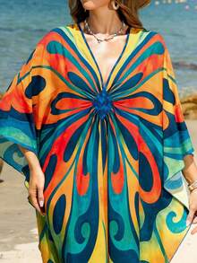 2026春夏新款印花V领蝙蝠袖长款卡夫坦连衣裙，时尚宽松舒适家居服 - 彩色 - 查看 3