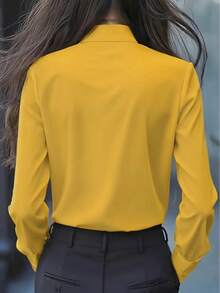 Camisa de mujer de manga larga con detalle de volantes y lazo - unicolor, manga larga, diseño con botones delanteros, adecuada para ir a trabajar y uso casual, camisa casual | Blusa elegante | Detalle de volantes y lazo