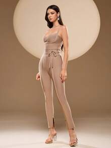 Bernatova Women Camel Sexy Bodycon Sleeveless Jumpsuits High Waist Casual Bandage Long Rompers For Valentine's , Birthday , Commencement/Graduation , Back-To-School , Club Party