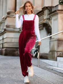 Women's Velvet Overall Jumpsuit Casual Loose Fit Overalls Adjustable Straps Dressy Romper Fall Outfits - 酒紅色 - 查看 5