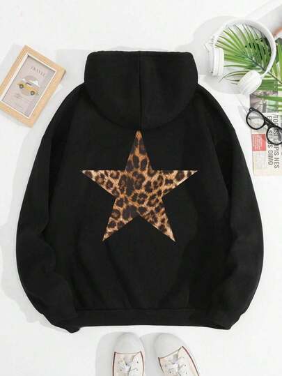Women Casual Loose Leopard Print & Star Pattern Long Sleeve Black Hoodie Sweatshirt Graduation,Back To School Outfits,Graduation,Teacher Outfits For Women,Back To School Pullover Fall Outfit