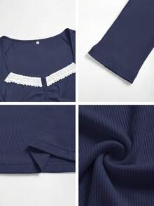 阳光女孩风格春季情人节女装返校长袖方领上衣，蕾丝领口，甜美休闲简约校园风 - 藏蓝色 - 查看 12