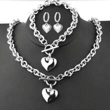 2pcs Stainless Steel Fashion Jewelry Set - Heart Shaped Necklace & Bracelet, Unisex, Holiday Gift