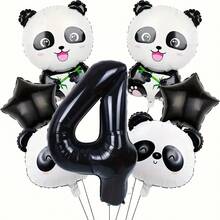 7pcs Panda Themed Birthday Foil Balloon Set, Including 18" Black Star And Cute Panda Head, Paired With 32" Black Number 1, 2, 3, 4, 5, 6, Essential Panda Party Decorations For Kids - Black - View 9