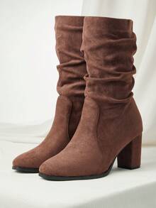 女士褶皱粗跟踝靴，法式高端方头弹力切尔西靴，2024秋冬款，尺码略偏大，圣诞节/冬季圣诞礼物 - 咖啡棕 - 查看 6