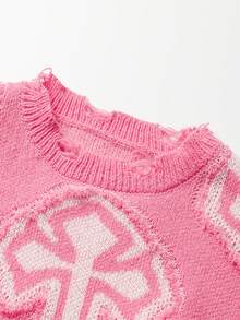 1 件青少年男孩中性款休闲宽松圆领十字图案针织毛衣，街头风格，适合春秋冬 - 粉色 - 查看 3