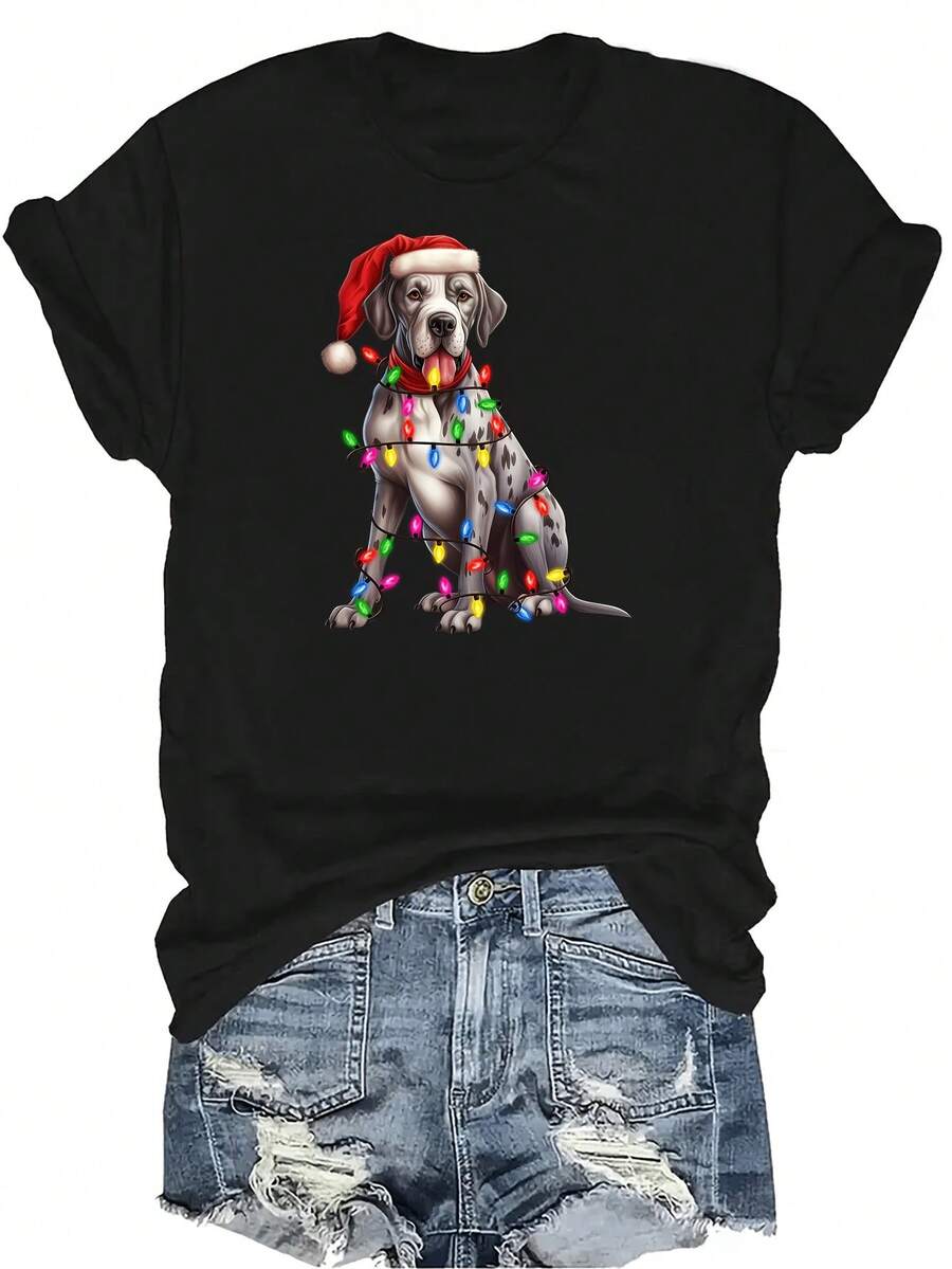 Camiseta de Gran Danés para mujer y unisex, de verano, casual, transpirable, de personalidad, cuello redondo, manga corta, ropa de calle, versátil, adecuada para adolescentes y adultos - Negro - Ver 1