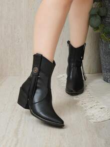 Botín western mujer, botín con cierre interno, botín puntal tacón grueso, botín casual elegante, botín estilo vaquero, botín otoño invierno, calzado versátil femenino. - Negro - Ver 2