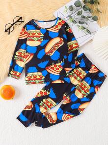 Boys Pyjama Set Cute Cartoon Hamburger Print Long-Sleeved Kids Home ClothesTwo-Piece Set