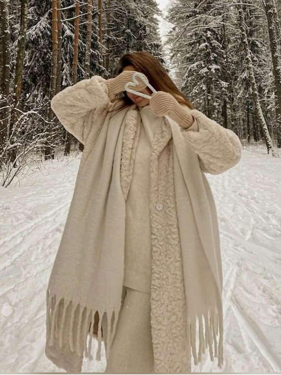 1pc Thick Solid Color Fluffy Tassel Scarf, Warm Autumn/Winter Fashion Shawl, Soft & Comfortable Blanket Scarf, Suitable For Daily Wear For Dress